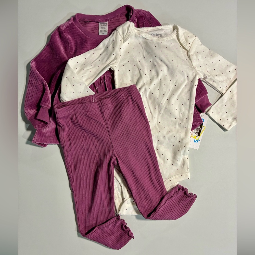 Carter's Purple Velvet Top with Ribbed Leggings & Onesie